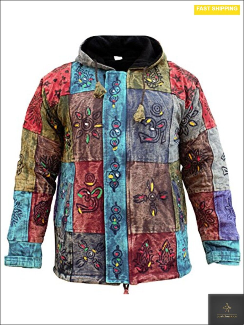 Mens Fleece Lined Patchwork Hooded Winter Jacket Cotton Bohemian Festival Coat